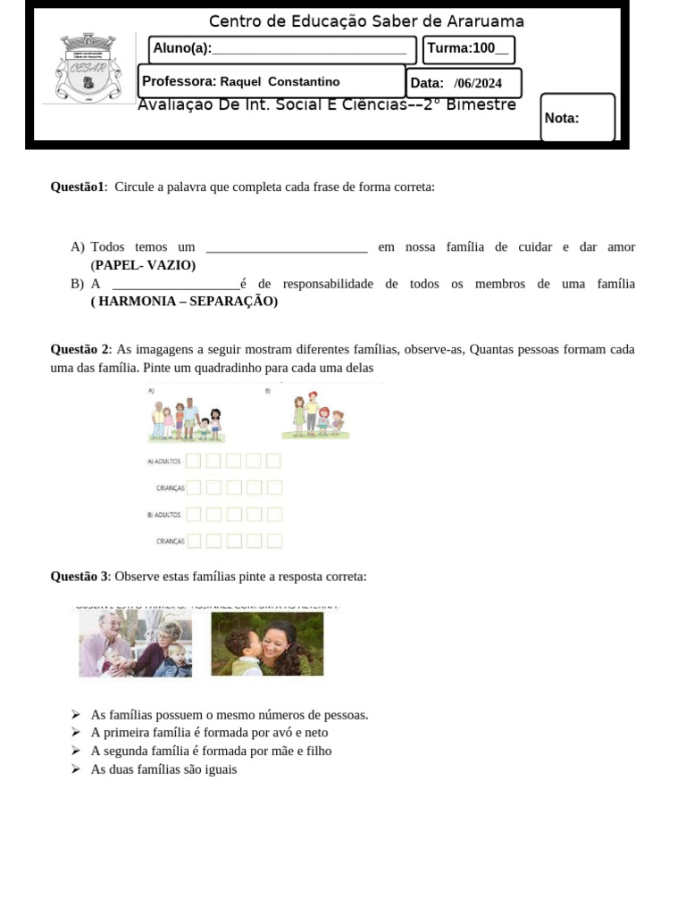 Avaliação de Int. Social E Ciências - 2b 2024 | PDF