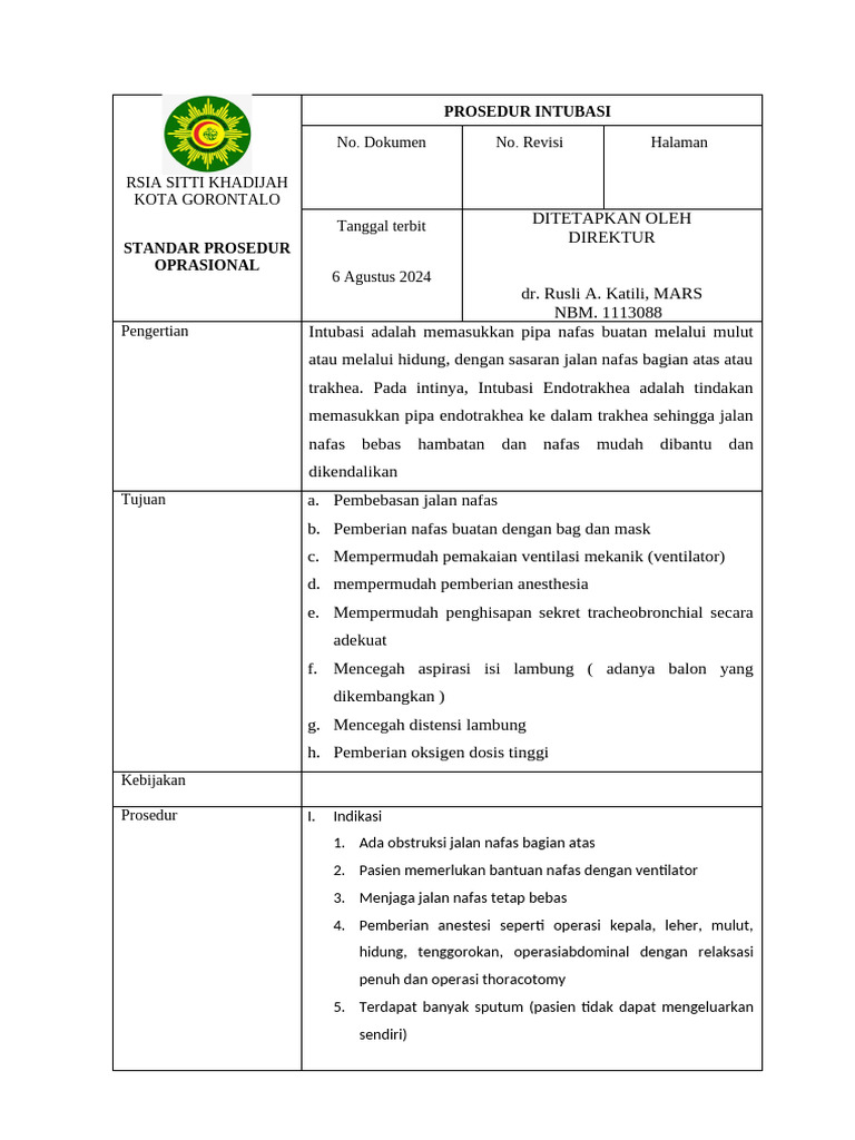 Prosedur Intubasi RSIA Sitti Khadijah | PDF