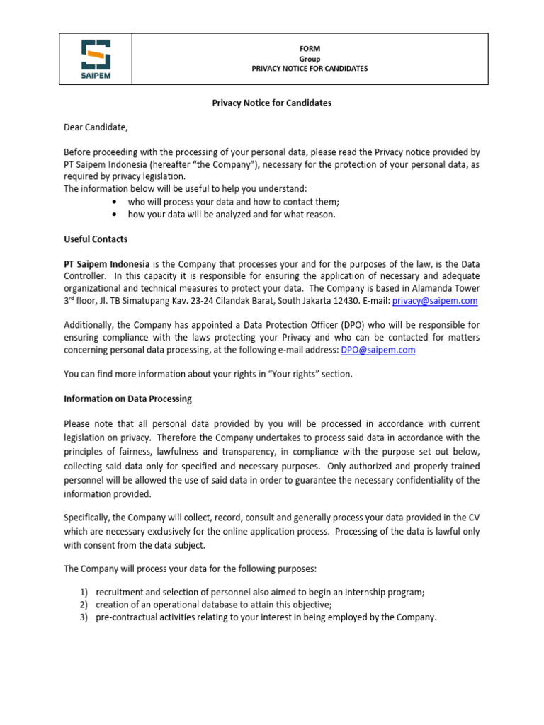 01 FORM Group Privacy Notice For Candidates | PDF | Privacy | Insurance