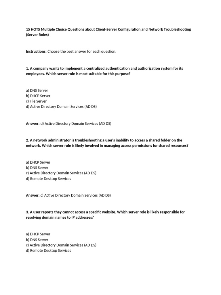 Client-Server Configuration Quiz | PDF | Computer Network | Active ...