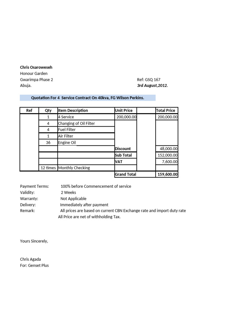Quotation for 4-Service Contract on 40kVA Genset | PDF