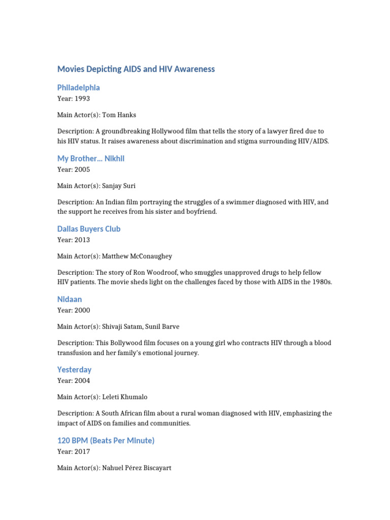 Movies Depicting AIDS and HIV Awareness | PDF
