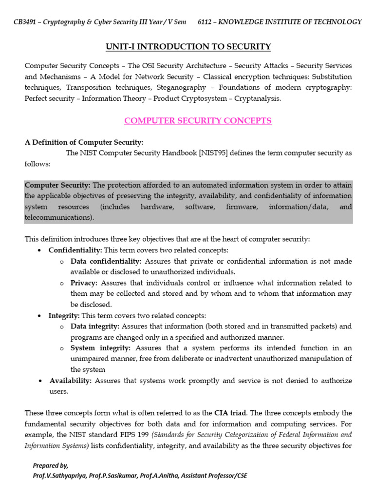 Ccs Cb3491 Unit 1 Notes Pdf Cipher Cryptanalysis
