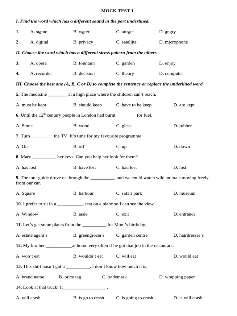 MOCK TEST 1-2- cuối kỳ 2 | PDF