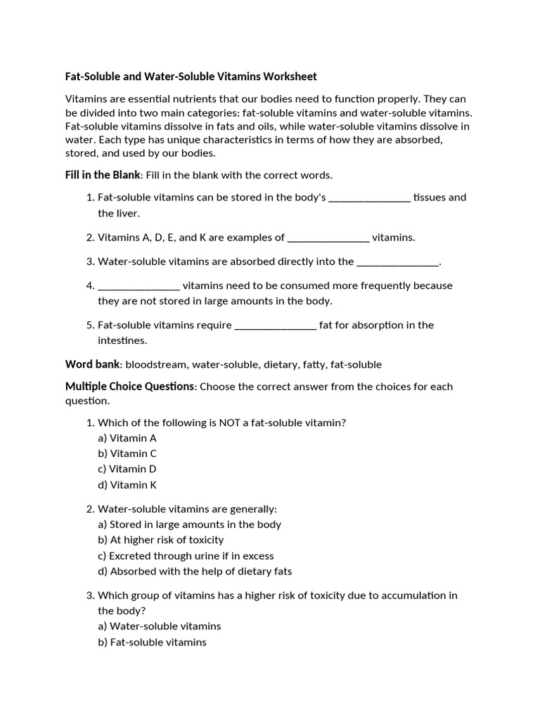 Fat-Soluble vs Water-Soluble Vitamins Worksheet | PDF | Vitamin | Vitamin A