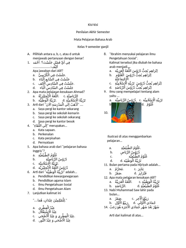 Kisi-kisi Penilaian Bahasa Arab Kelas 9 | PDF