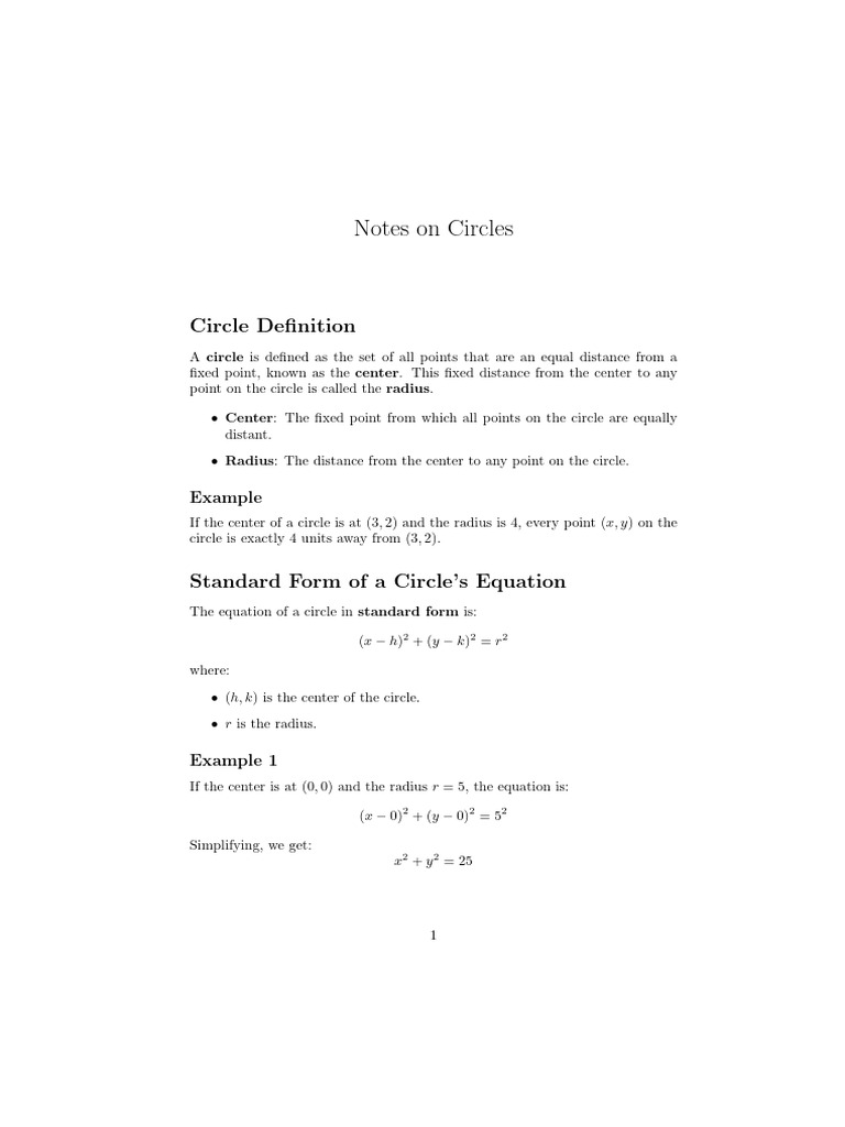 Circle Definitions and Equations Guide | PDF