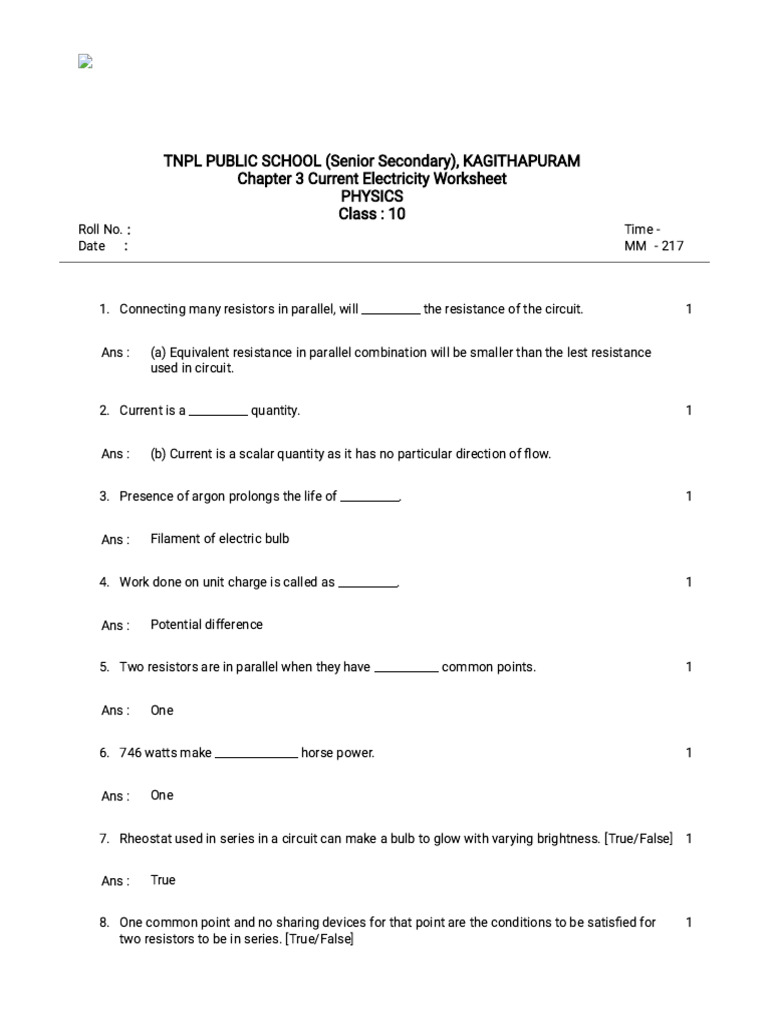 Class 10 Current Electricity Worksheet | PDF | Series And Parallel ...