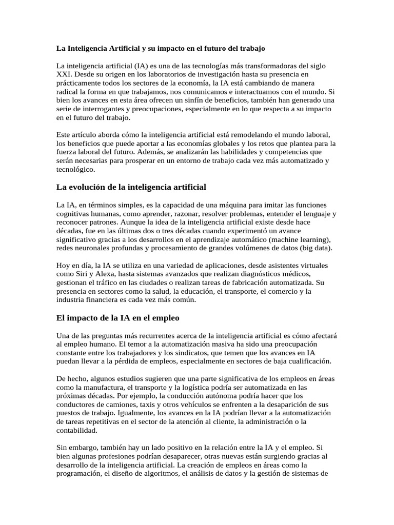 La Inteligencia Artificial y Su Impacto en El Futuro Del Trabajo | PDF ...