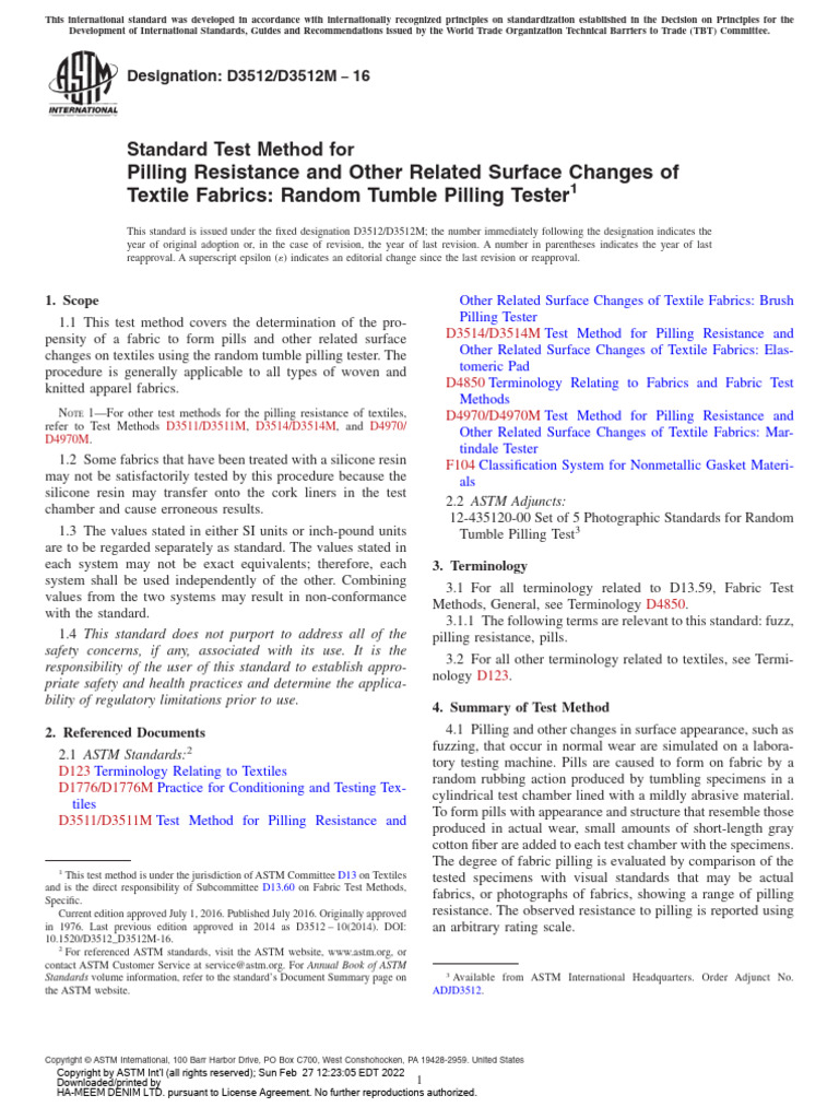ASTM D3512 Pilling Test Method | PDF | Textiles | Wear
