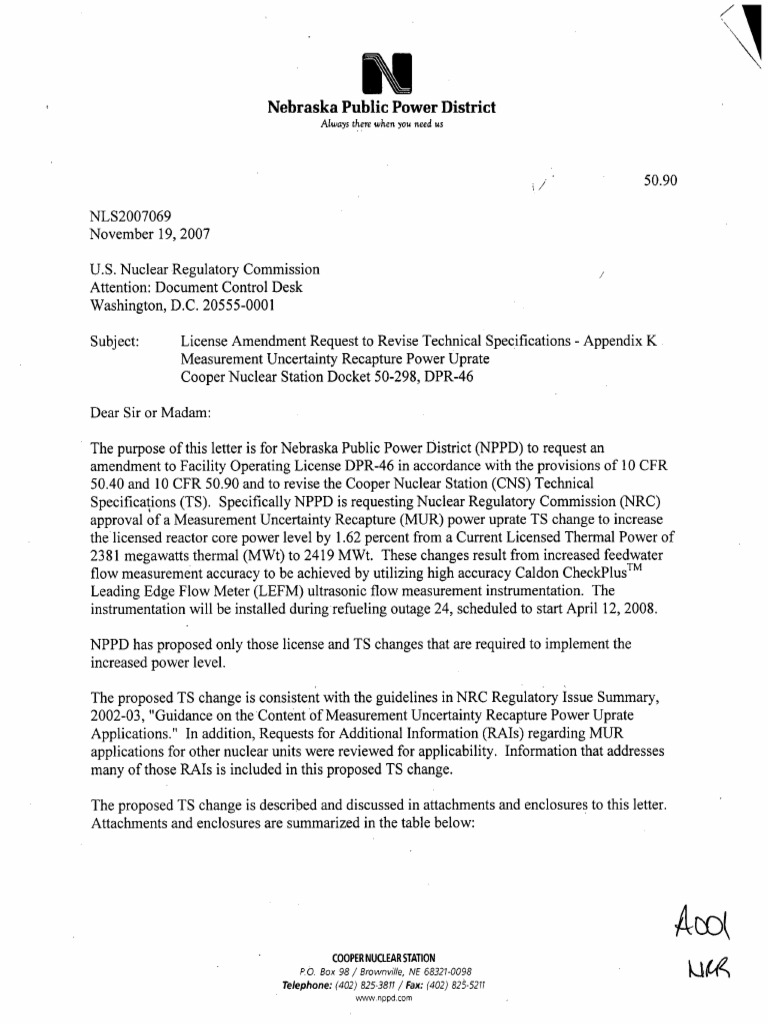Nebraska Power Uprate License Amendment | PDF | Nuclear Regulatory ...