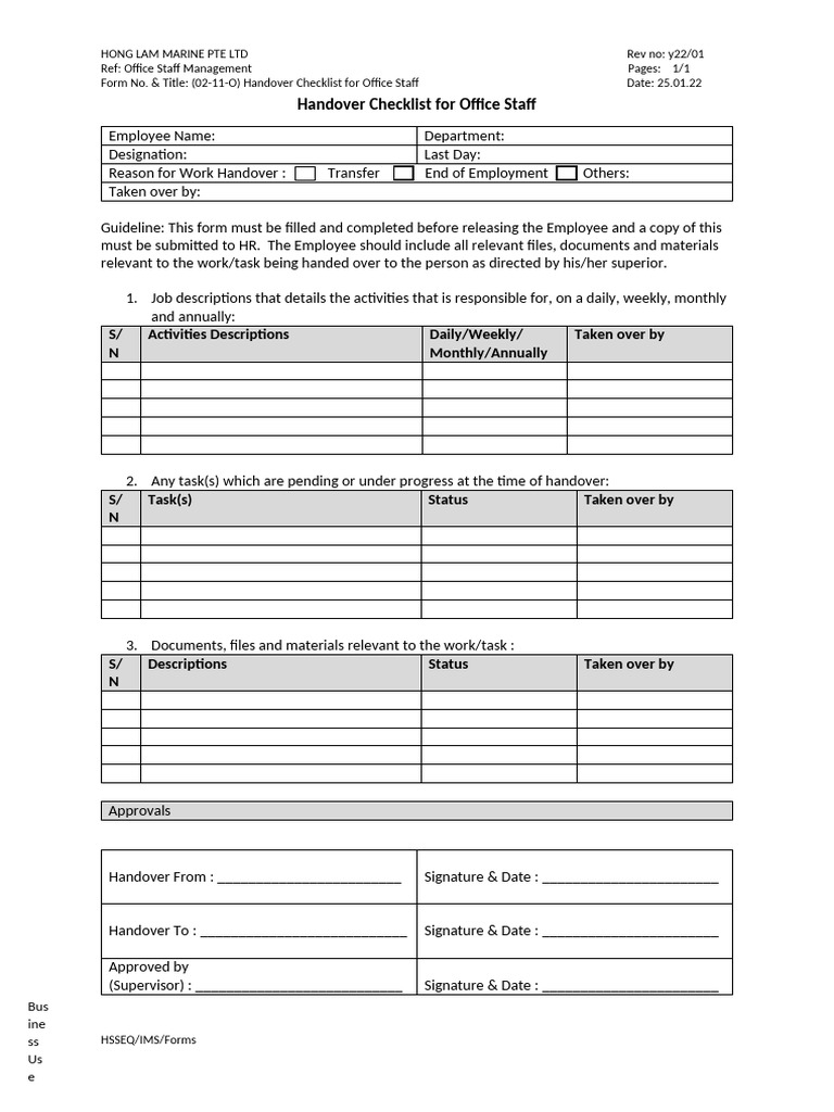 Office Staff Handover Checklist | PDF