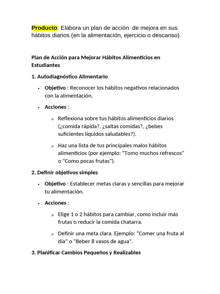 Plan de Acción para Mejorar Hábitos Alimenticios en Estudiantes | PDF ...