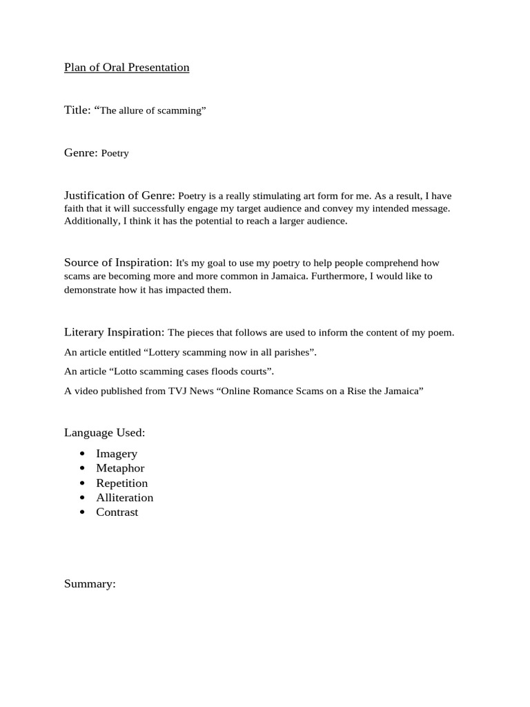Plan Of Oral Presentation Draft Pdf