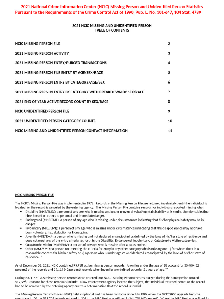 2021 Ncic Missing Person and Unidentified Person Statistics | PDF ...