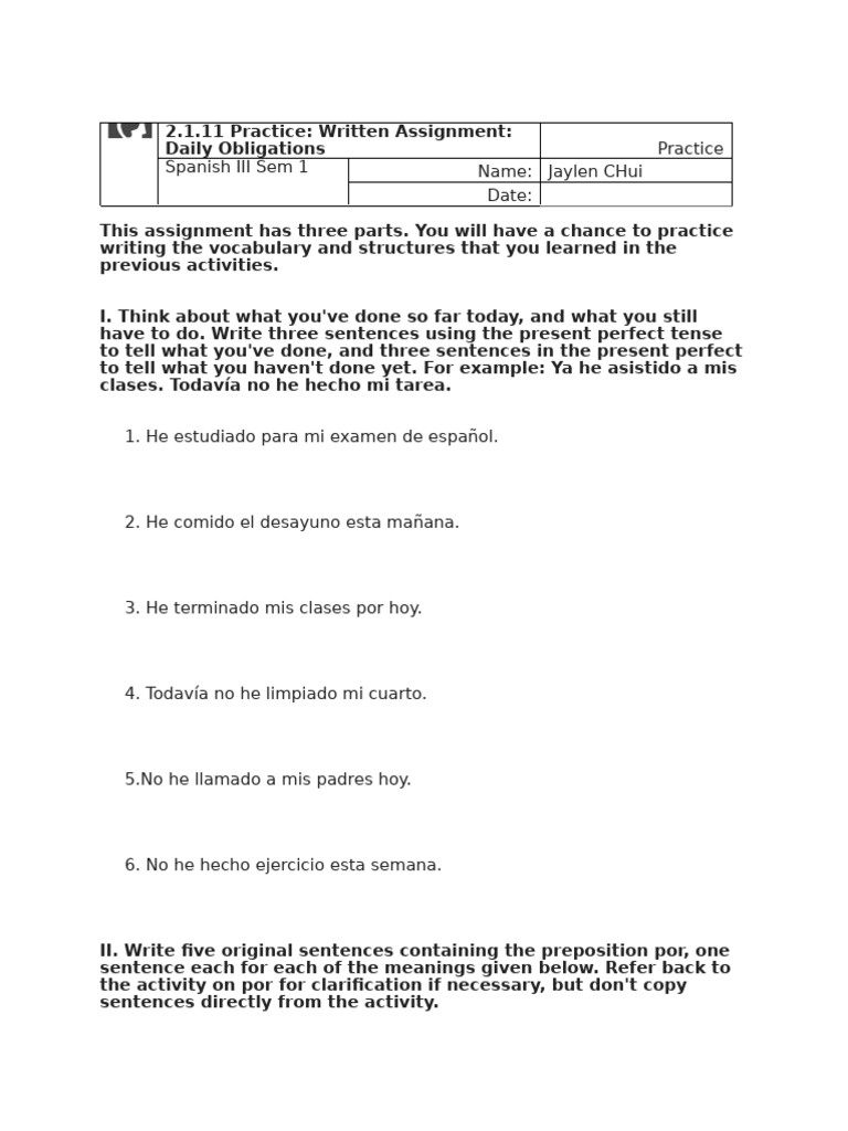 2.1.11 Practice - Written Assignment - Daily Obligations (Practice ...