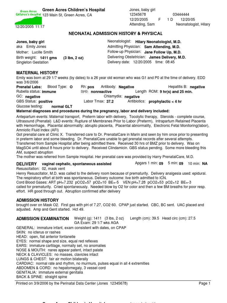 Neonatal History and Physical Exam Parto Parto prematuro