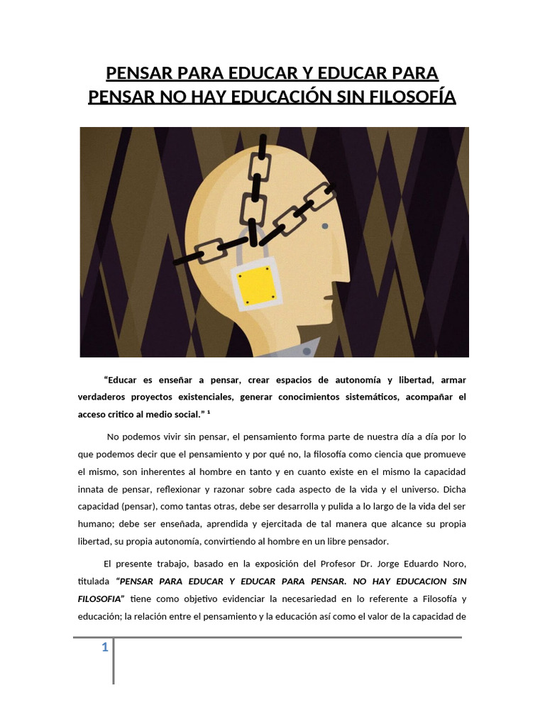 Filosofía y Educación: Pensar para Aprender | PDF | Pensamiento ...