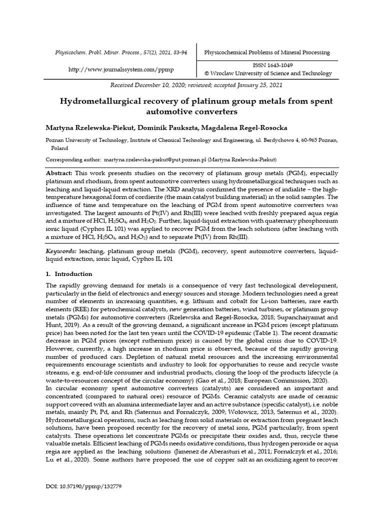 Recovery of PGMs from Automotive Converters | PDF | Platinum | Palladium