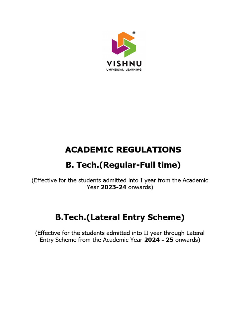 VITB B.Tech R23 Academic Regulations | PDF | Academic Degree | Course ...