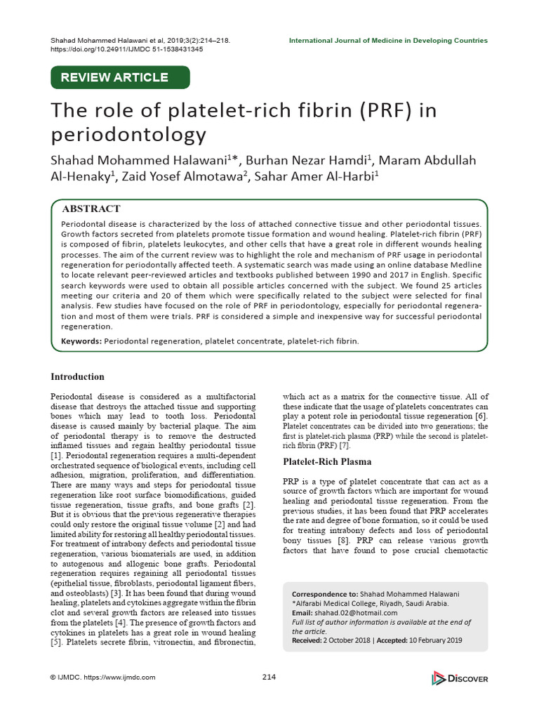 2019 - The Role of Platelet-Rich Fibrin (PRF) in Periodontics | PDF ...