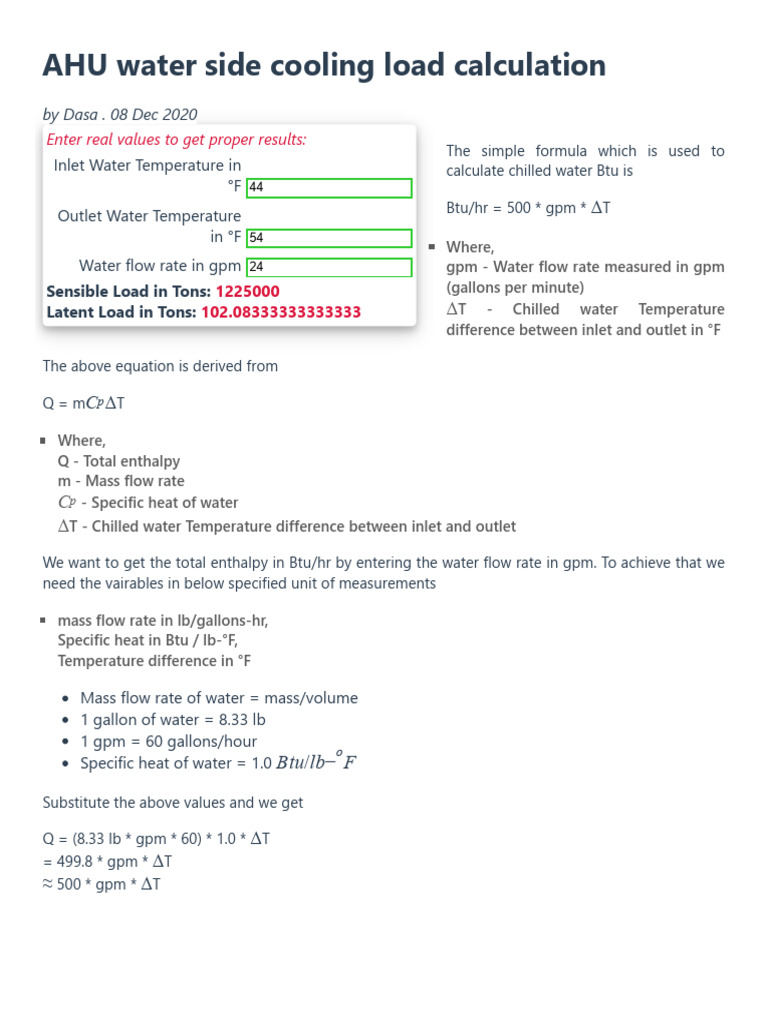 AHU Water Side Cooling Load Calculation | PDF