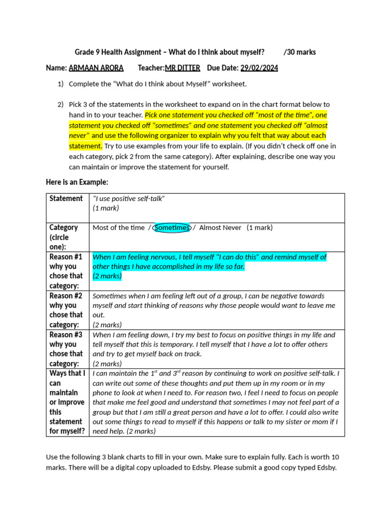 Grade 9 Self-Reflection Health Assignment | PDF | Reason