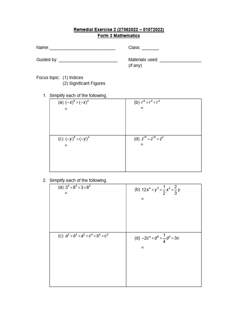 If Any: Remedial Exercise 2 (27062022 - 01072022) Form 3 Mathematics | PDF