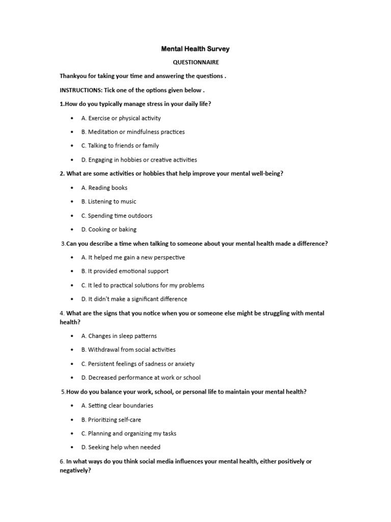 Mental Health Management Survey | PDF | Mental Health | Psychological ...