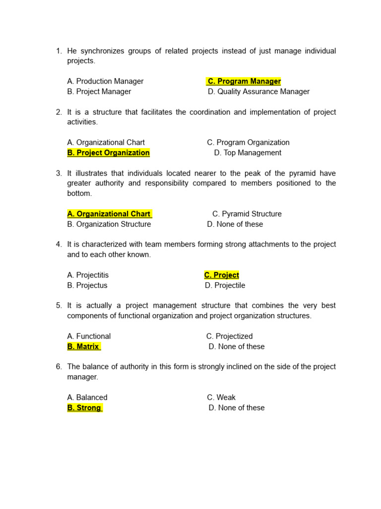 Project Management Quiz Questions | PDF