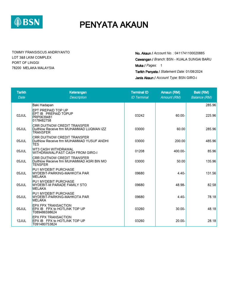 BSN GIRO-i Account Statement 08/2024 | PDF | Debit Card | Personal Finance