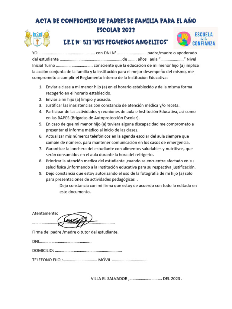 Acta de Compromiso de Padres de Familia para El Año Escolar 2023 | PDF