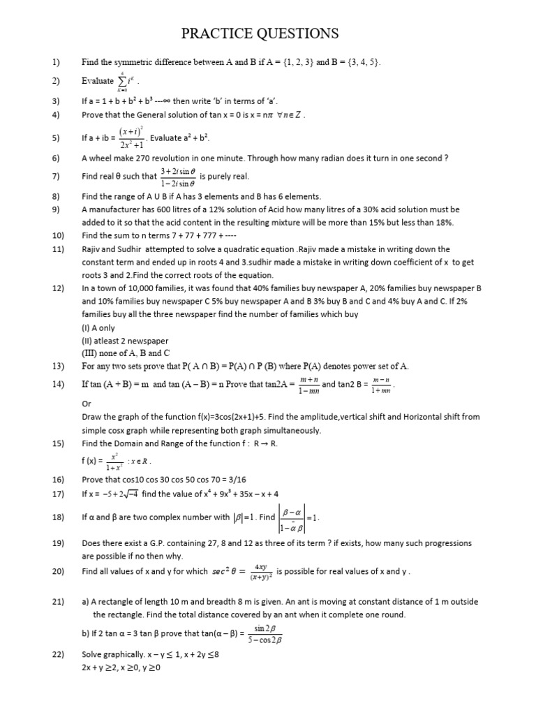 Practice Questions on Mathematics Concepts | PDF | Mathematical ...