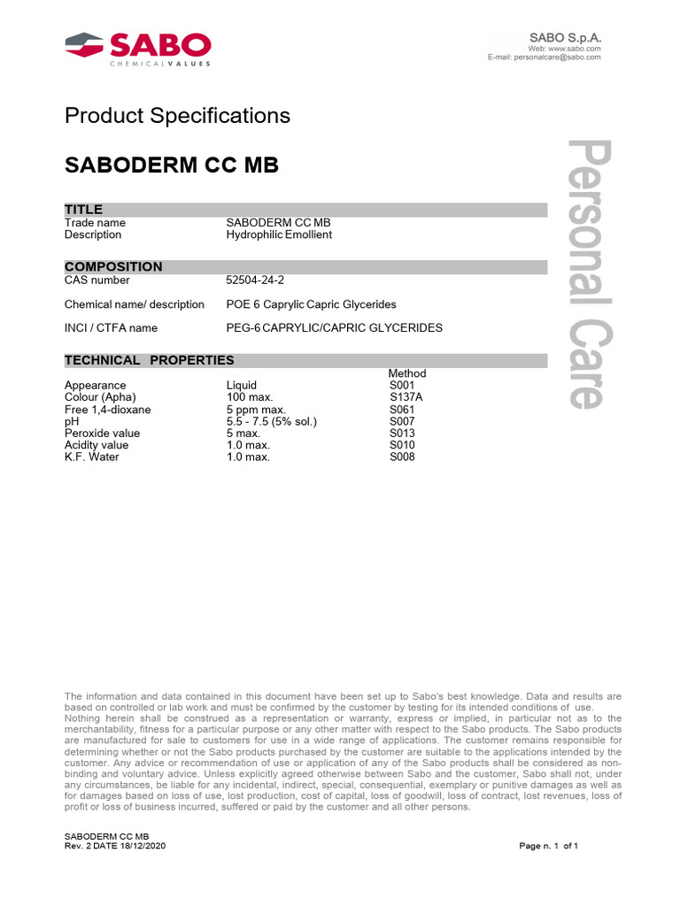Saboderm CC MB Product Specifications | PDF