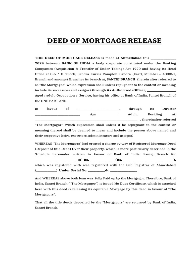 Mortgage Release Deed Template | PDF | Mortgage Law | Real Property Law