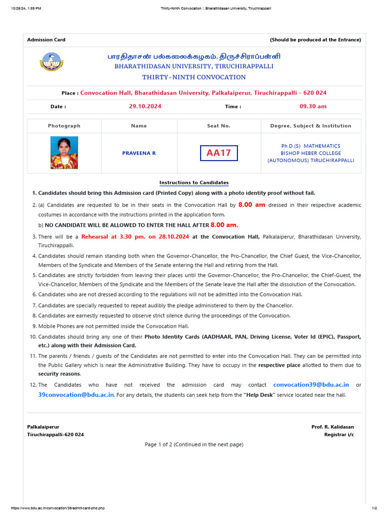 Bharathidasan University 2024 Convocation | PDF | Identity Document ...