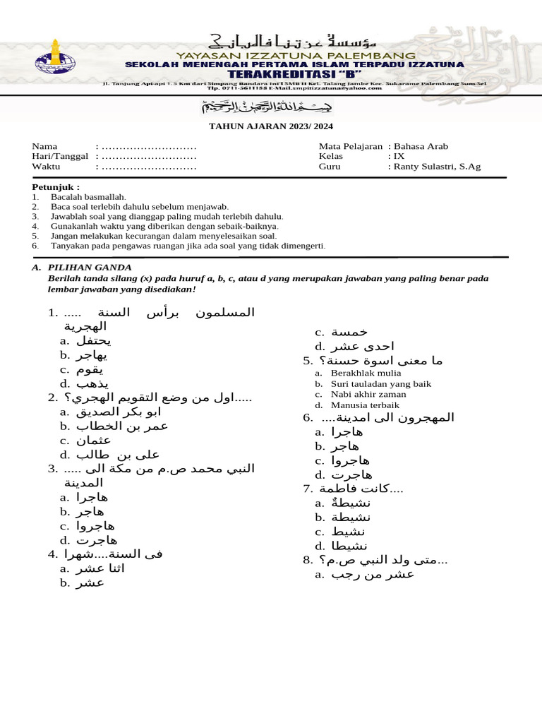 Ujian Bahasa Arab Kelas 9 SMP Izzatuna | PDF