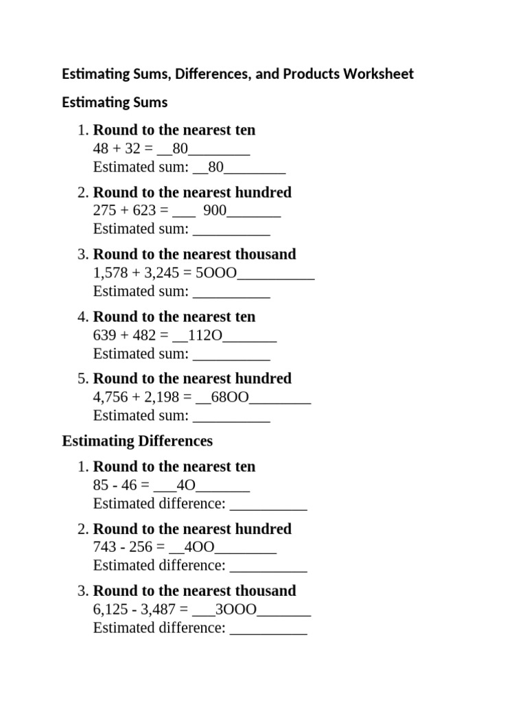 Estimating Sums and Differences Worksheet | PDF