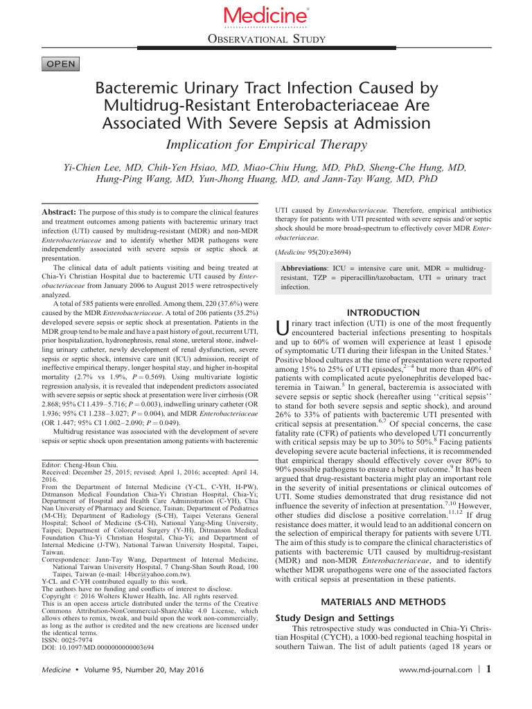 Bacteremic Urinary Tract Infection Caused by Multidrug-Resistant ...
