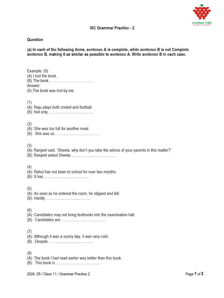 ISC Class 11 Grammar Practice 2024 | PDF | Language Mechanics | Syntax