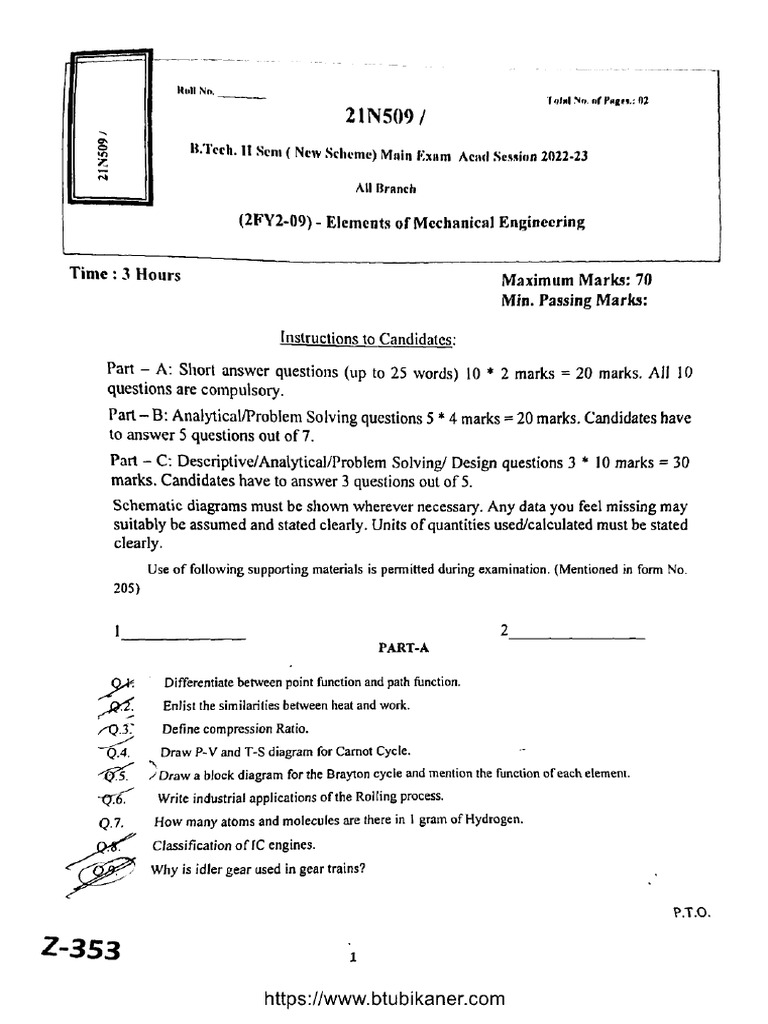 Btech 2 Sem Elements of Mechanical Engineering 21n509 2023 | PDF