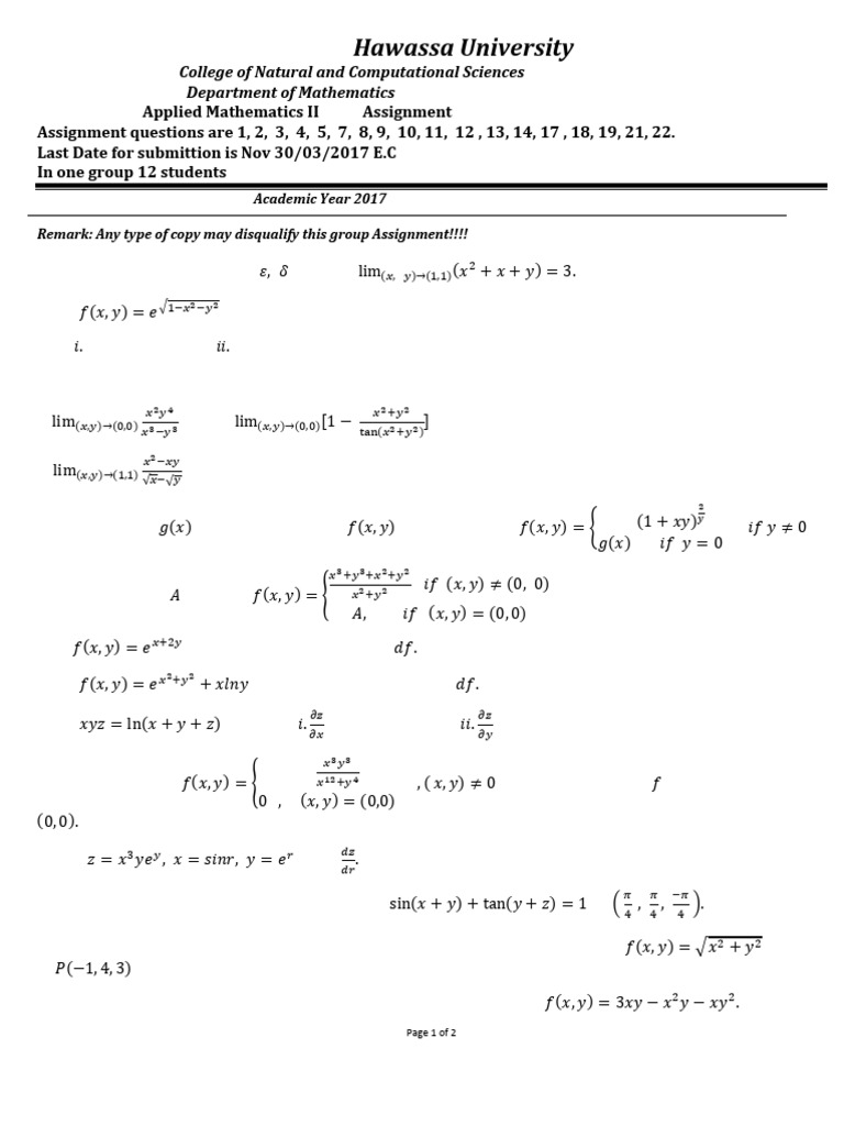 Hawassa University Applied Math Assignment | PDF | Tangent | Function ...