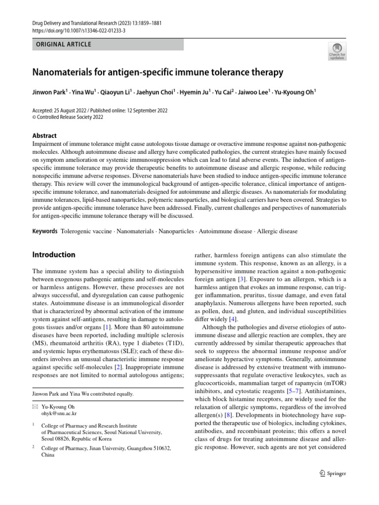 Nanomaterials for Immune Tolerance Therapy | PDF | Immune System ...