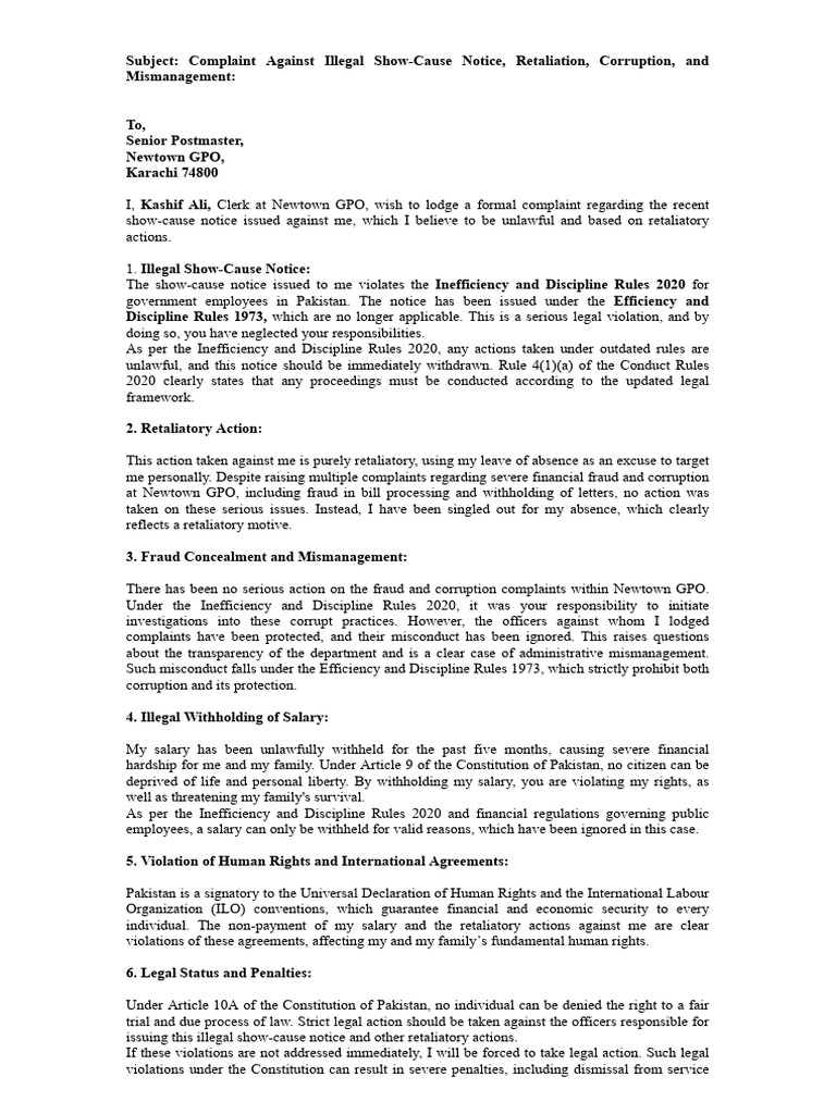 Complaint on Illegal Notice and Retaliation | PDF | Corruption | Human ...