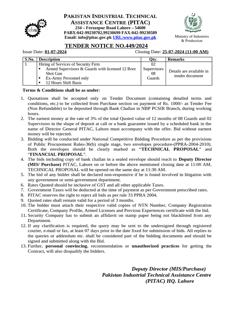 Tender Notice 449 2024 Security Services HQ | PDF