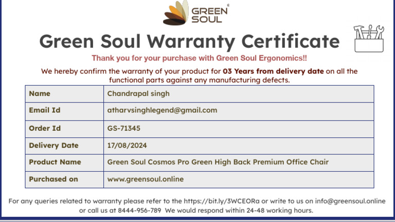 Warranty Certificate by Green Soul Ergonomics for Green Soul Cosmos Pro ...