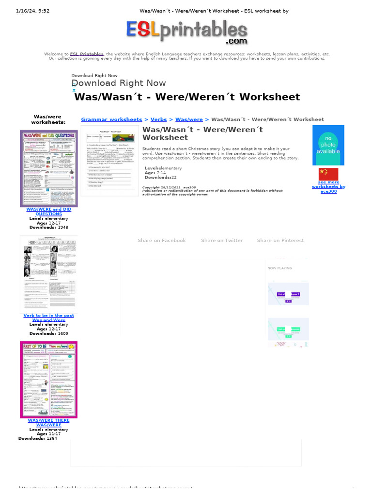 Was - Wasn T - Were - Weren T Worksheet - ESL Worksheet by Ace308 | PDF ...