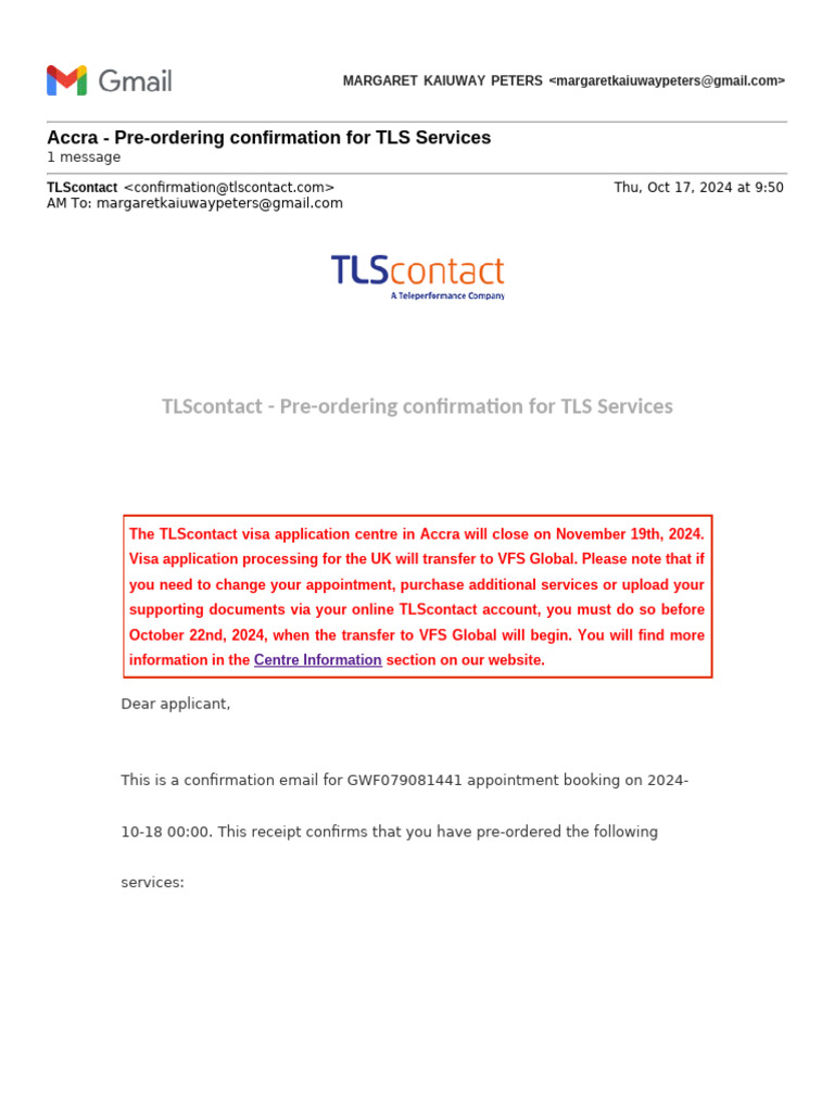 Gmail - Accra - Pre-Ordering Confirmation For TLS Services | PDF ...