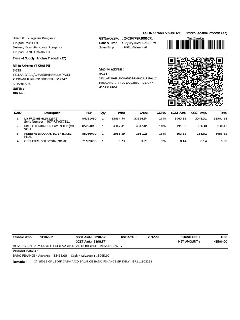 Invoice for LG Fridge and Grinder | PDF