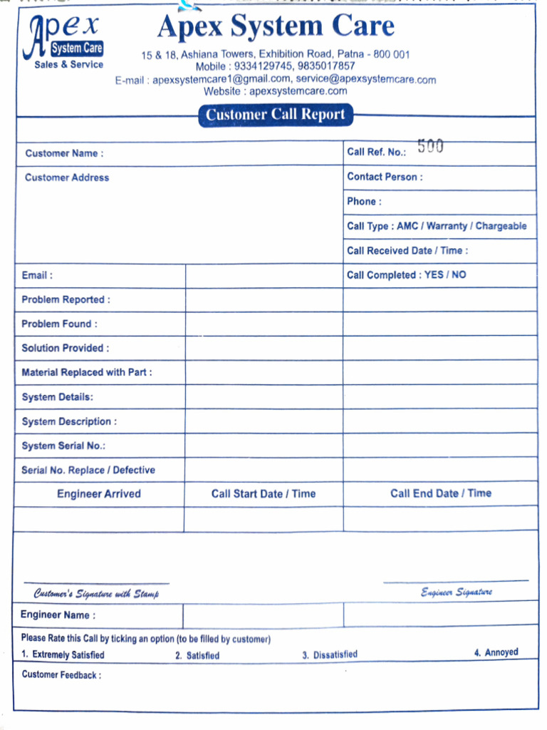 Apex System Care Customer Call Report | PDF
